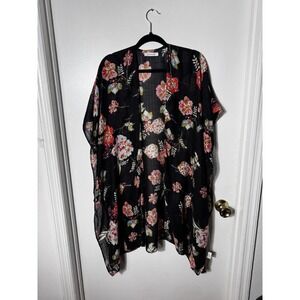 Francesca's Floral Kimono Cardigan Women Black Pink Sheer Wrap Cover Up OS Boho